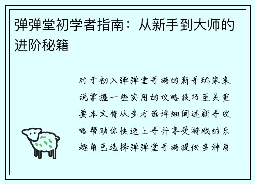 弹弹堂初学者指南：从新手到大师的进阶秘籍